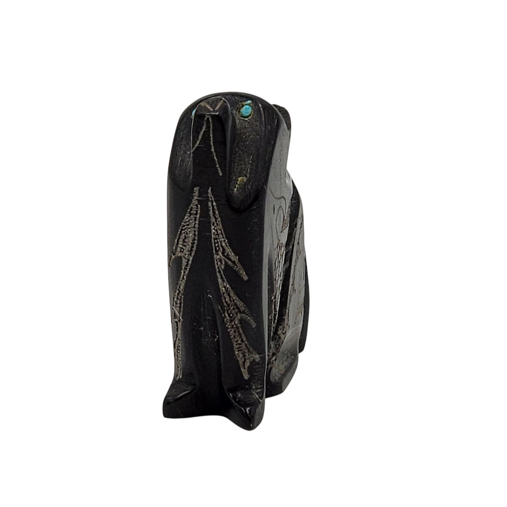 Native American Zuni Black Marble Bear Fetish Carved Stone Signed Turquoise - Picture 7 of 16